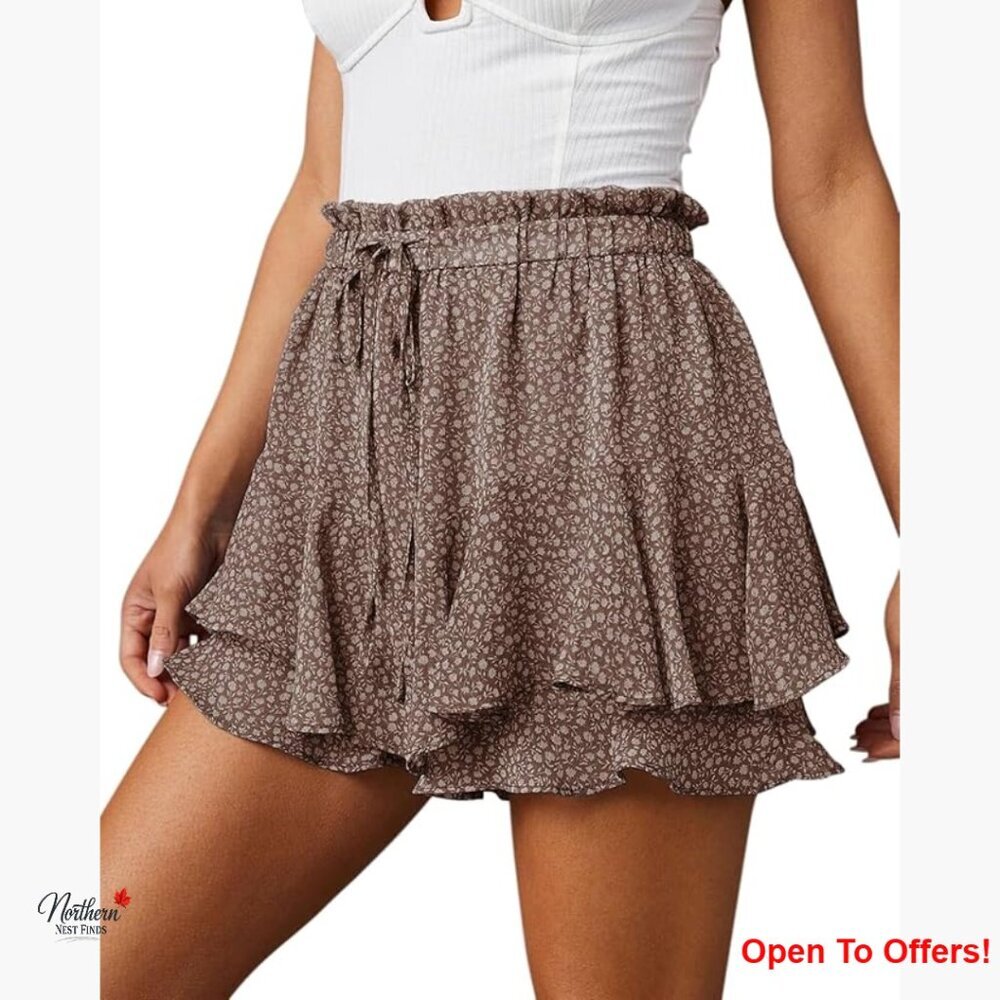 High Waisted Flowy Chiffon Skort with Ruffled Hem and Tie Front